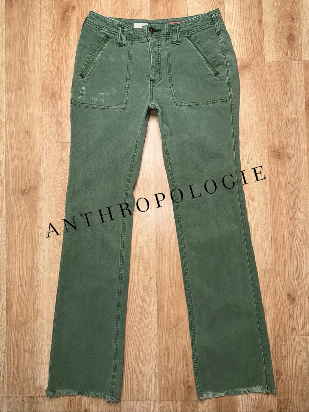 Anthropologie Pilcro Sage Green Distressed Mid-Rise Flare Utility Jeans Raw Hem